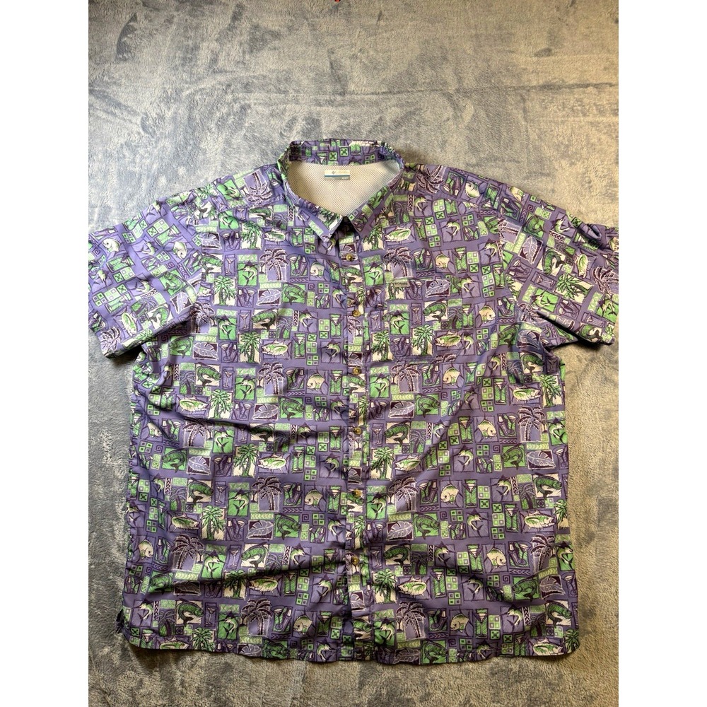 Columbia PFG Shirt Mens 4X Super Slack Tide Fish Print Purple Green Camp 3320–0